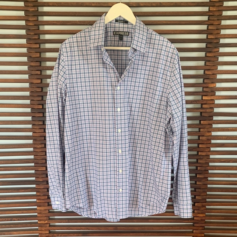 Express Men's Light Blue and White Checked Button-Down Shirt
